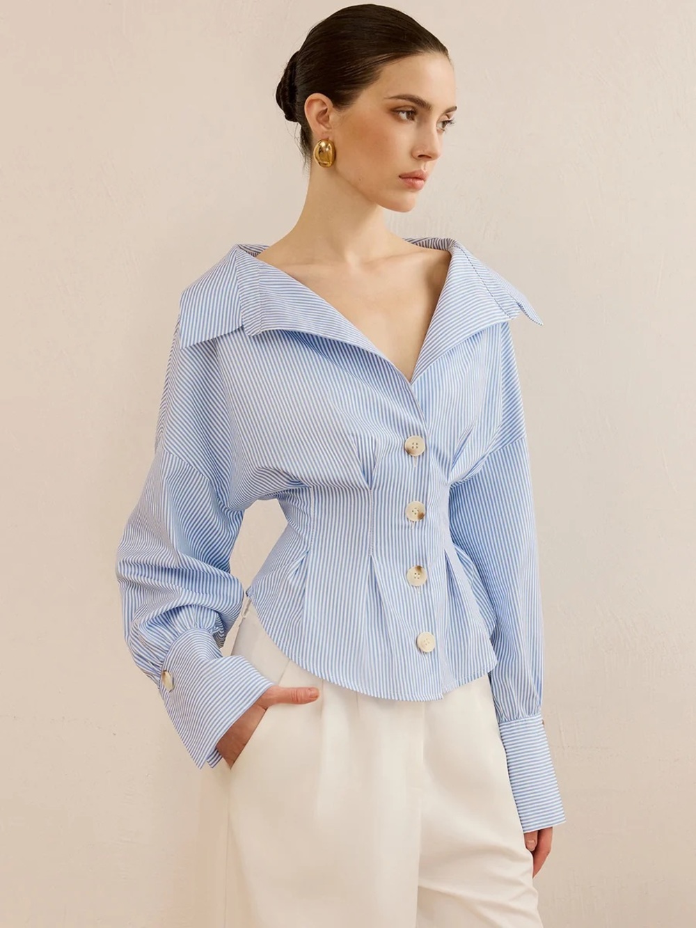 Commense Striped Collared Shirt with Waist-Cinching Design